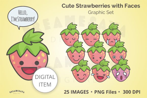 Cute Strawberry Smileys Clip Art Set