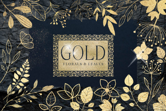 Gold Foil Textured Leaves Flowers PNG Collection