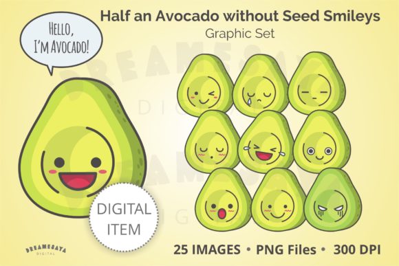 Kawaii Seedless Half Avocado Emoticons