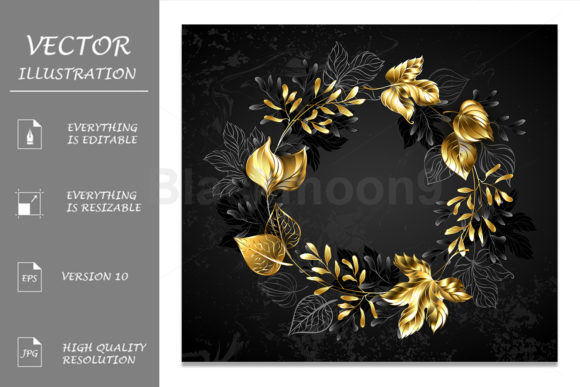 Wreath of Golden Leaves and Branches: A Versatile Design Element for Creative and Commercial Use